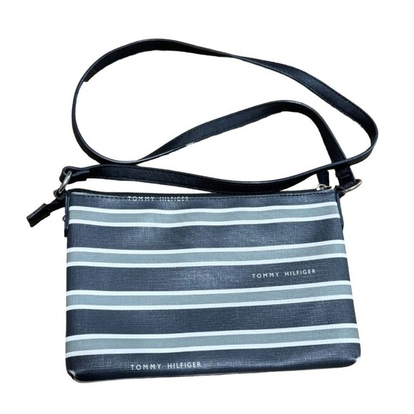 Y2K Tommy Hilfiger Crossbody Purse Handbag Bag Striped Black and Gray 10"X 7"X1" - Picture 2 of 3